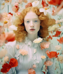 Naklejka premium Beautiful young woman surrounded by flowers