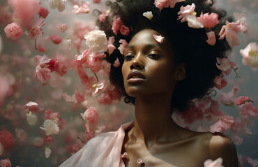 Beautiful young black woman surrounded by flowers - obrazy, fototapety, plakaty