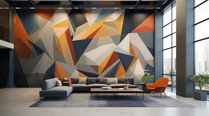Geometric Harmony: An interior mural with geometric patterns and symmetrical designs, bringing a sense of order and balance to contemporary spaces. ,interior, mural, background