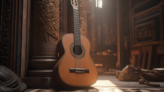 une guitare acoustique dans un temple oriental, g&eacute;n&eacute;r&eacute; par IA