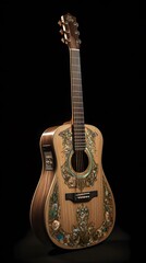 Obraz premium une guitare acoustique sur fond noir, généré par IA