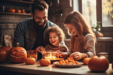 padre junto a sus dos hijos niño y niña decorando calabazas para halloween sobre una mesa de la cocina concepto halloween
