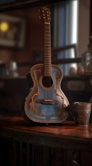 Fototapeta premium une guitare acoustique dans un café, généré par IA