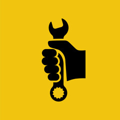Wrench in hand icon. Black silhouette isolated on yellow background. Vector illustration flat design. Spanner pictogram. Handle industrial tool for repair. Symbol of heavy mechanical work, logo.