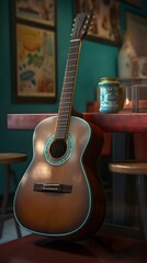 une guitare acoustique dans un café, généré par IA