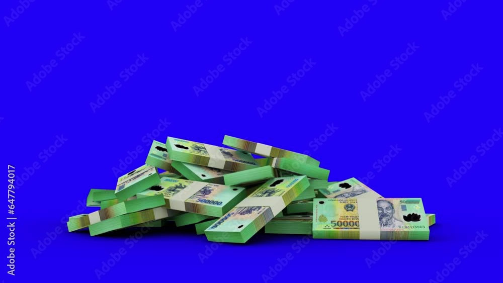 Poster 3d animation of stacks of vietnamese dong notes falling on blue screen floor. you can key out or rem