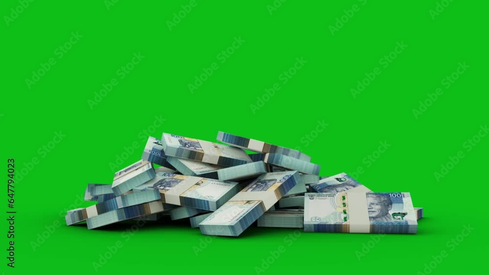 Poster 3d animation of stacks of 100 south african rand notes falling on green screen floor. you can key ou