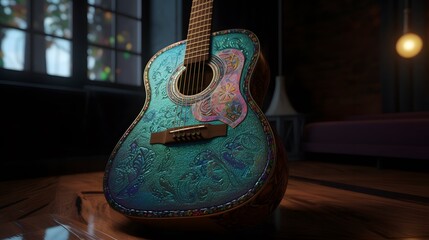 une guitare acoustique turquoise, généré par IA