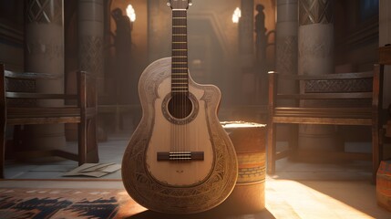 une guitare acoustique dans un temple en bois, généré par IA - obrazy, fototapety, plakaty