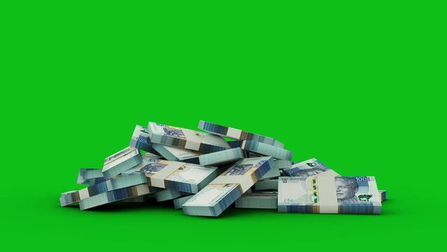 3d animation of stacks of 100 South African rand notes falling on green screen floor. You can Key out or remove background and replace with a custom one. 3d rendering