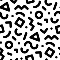 Black small linear geometric shapes isolated on white background. Monochrome seamless pattern. Vector simple flat graphic illustration. Texture.