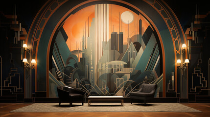 Art Deco Jazz Age Interior Mural Background - obrazy, fototapety, plakaty