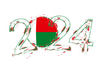 2024 Year in grunge style with flag of Madagascar.