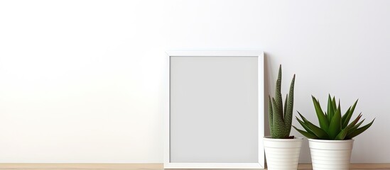 Mock up frame with plants on a shelf or desk white shelf and wall portrait frame