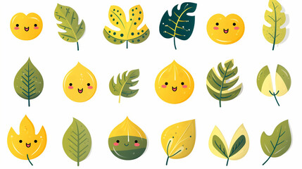 Fototapeta premium Playful Set of Cartoon-Style Leaves with Smiling Faces on a White Background, Mural Style