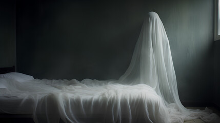 Ghost with a white sheet in a room. Halloween appearance of a paranormal entity or poltergeist in a sinister room.
