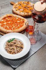 Delicious pizza on the table, view from the top
