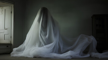 Ghost with a white sheet in a room. Halloween appearance of a paranormal entity or poltergeist in a sinister room.
