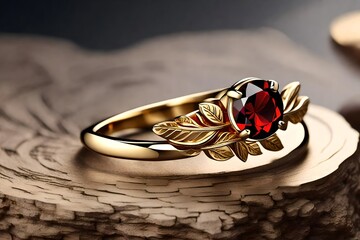 wedding ring with red colored zen stone  - obrazy, fototapety, plakaty