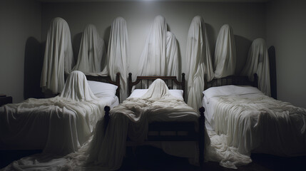 Ghost with a white sheet in a room. Halloween appearance of a paranormal entity or poltergeist in a sinister room.
