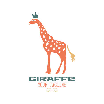Orange giraffe with green crown. Logo with text on white background