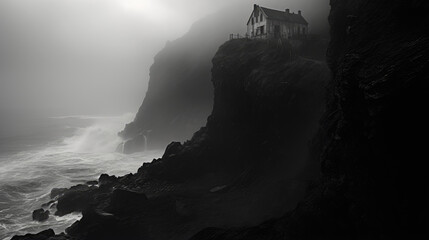 Enigmatic aura of a photograph featuring a lone house perched dramatically on the edge of a cliff,...