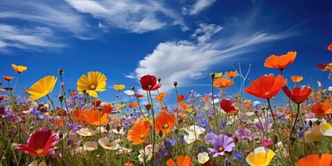 Wildflowers of all kinds burst forth in a joyous display of nature's bounty on an expansive meadow. Generative AI