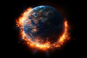 The earth burns in outer space, the world on fire with global warming climate change catastrophe