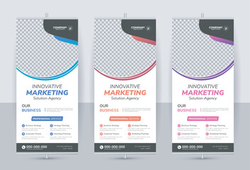 Obraz premium Corporate rollup banner template, roll-up banner stand template design, advertisement, pull-up, Vertical roll-up template billboard, banner and display banner, Poster for conference, forum, shop