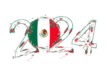 2024 Year in grunge style with flag of Mexico.