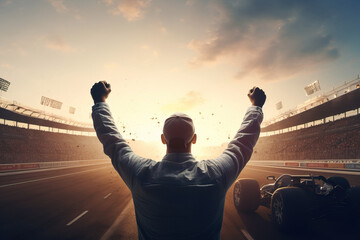 A racing driver holder his arms aloft at the end of a gruelling race looking towards the setting sun over the race track