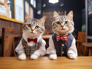 Cute cat students are dressed in formal school uniforms with bow ties studying in a lesson in a school classroom. Created using Generative AI