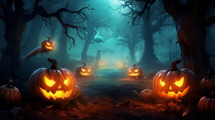 Naklejka premium Jack O' Lanterns glowing in a fantastic night. Halloween background