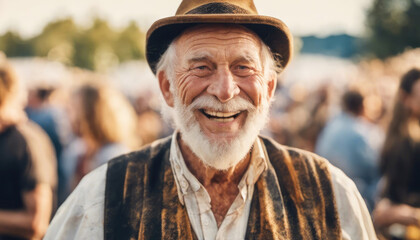Happy elderly man at public festival dressed in traditional south german clothes with copy space - obrazy, fototapety, plakaty