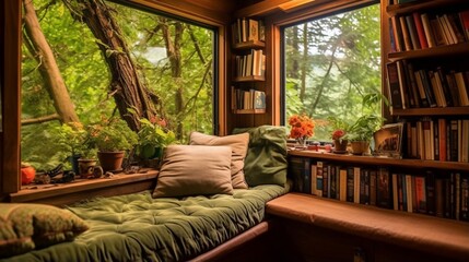 a cozy book nook with built-in shelves, a window seat, and a collection of beloved books, inviting literary exploration - obrazy, fototapety, plakaty