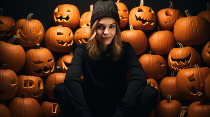 Halloween Witch girl portrait. Beautiful young woman in witches hat with long curly red hair and bright lips. Over spooky dark magic forest background. Wide Halloween party art design