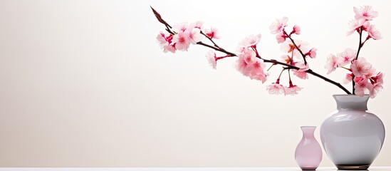 Pink cherry branch with flowers in a white vase on a white background