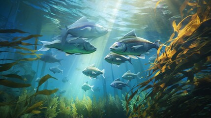 Fototapeta na wymiar a school of iridescent fish swimming in perfect synchronization through an underwater kelp forest