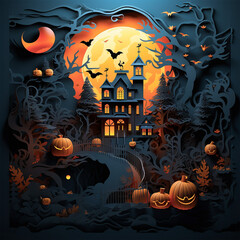 Halloween pumpkin on a house Halloween themed decorations 3d paper cut style generative ai