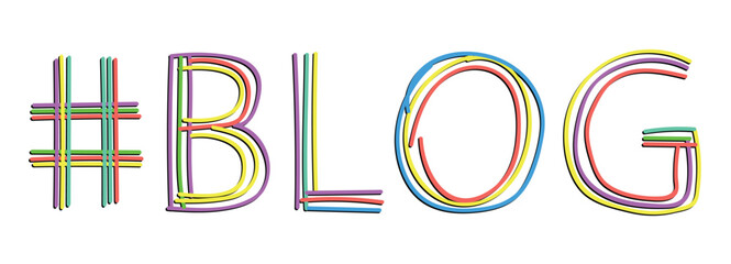 BLOG Hashtag. Isolate neon doodle lettering text, multi-colored curved neon lines, like felt-tip pen, pensil. Hashtag #BLOG for banner, t-shirts, mobile apps, typography, web resources