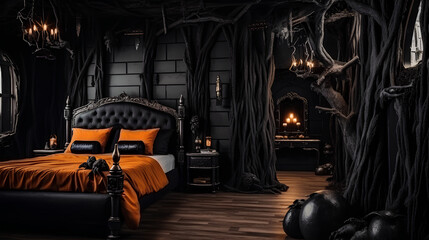 Obraz na płótnie Canvas Creative Halloween decorated room. Halloween inspired bedroom with black branches, pumpkins, bats and candles. Room with black and orange colors.