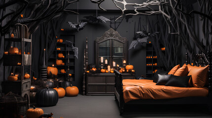 Creative Halloween decorated room. Halloween inspired bedroom with black branches, pumpkins, bats and candles. Room with black and orange colors.