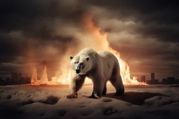 Wandcirkels aluminium A polar bear walks away on the ice from a fire, global warming climate change affecting animals habitat © Nick