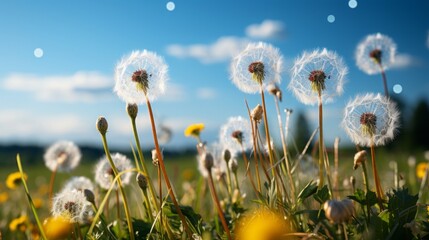Summer's Blooming Symphony: A Magnificent Meadow Sprinkled with Dandelion Wishes and Vibrant Florals Under a Blue Skies Canopy, generative AI