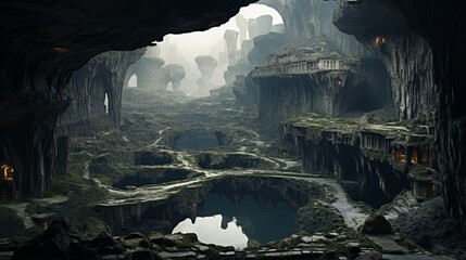a surreal and alien-like karst landscape, with limestone formations, sinkholes, and underground rivers