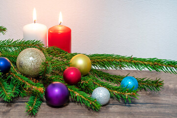 spruce branches, candles,christmas background