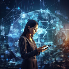 business woman with a cell phone in her hand with international, global online business signs in high resolution and high sharpness