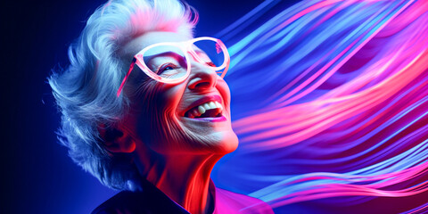 Fototapeta na wymiar Modern Old Lady Women & Man Smiling with Sun Glasses on Pink & Blue Background. Neon Dark Stage Shows Empty Room: Neon Light, Spotlights, Dance Floor.