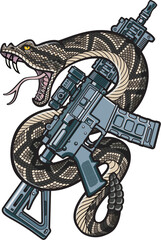 Rattlesnake twisted around assault rifle ready to strike