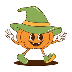 Retro groovy cute halloween pumpkin sticker. Cartoon character in trendy retro style.